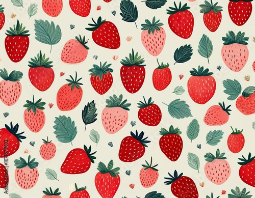 Minimalist seamless strawberry pattern with repeating fruit illustrations, ideal for children’s products, wallpapers, and fabric designs with a cute, fresh vibe