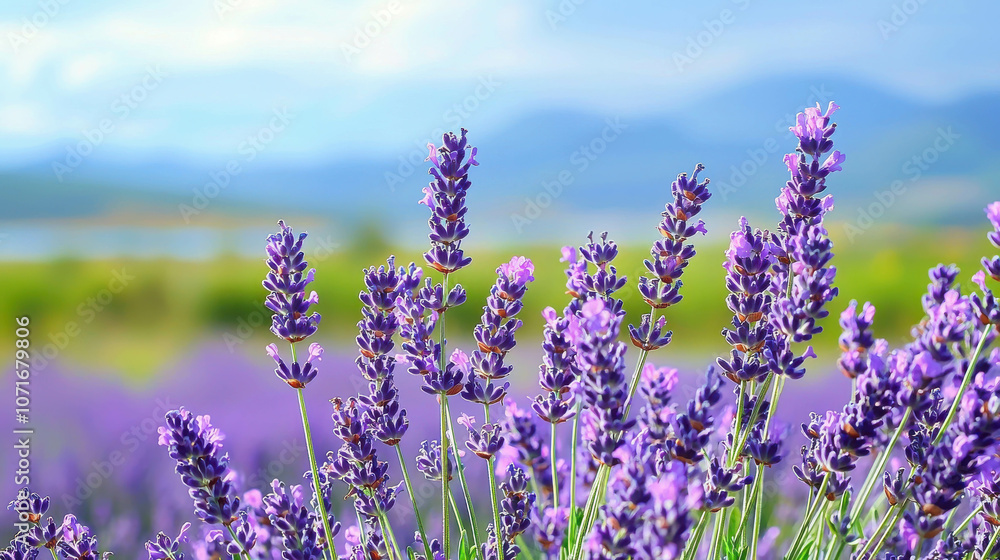 Obraz premium Vibrant Purple Lavender Blossoms Under a Clear Blue Sky with Mountains in the Background for Serene Nature and Floral Imagery