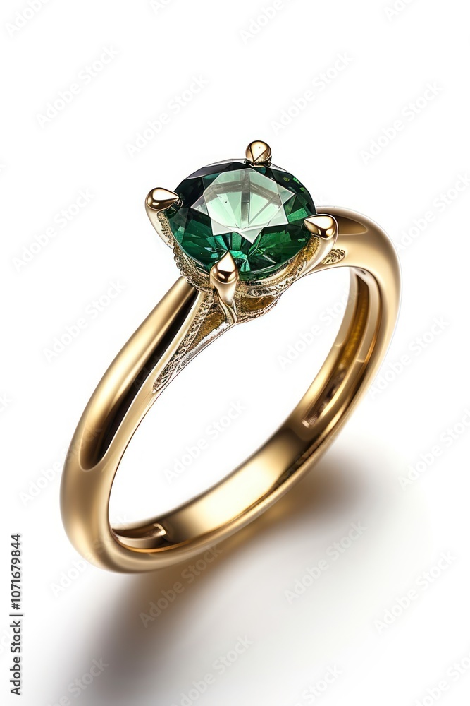 Polished gold ring with a gemstone on white background, detailed reflections and shadow Polished gold ring with a gemstone on white background, detailed reflections and shadow