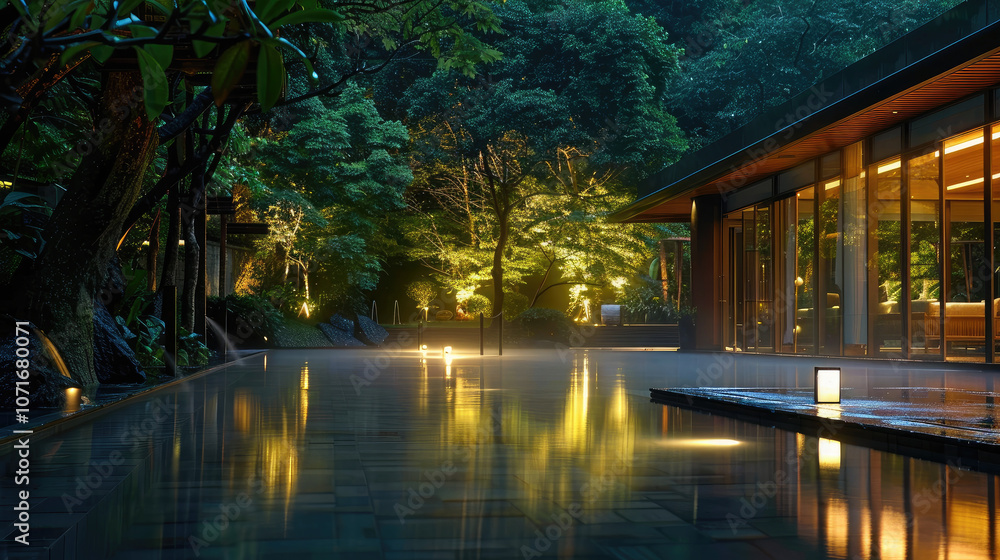 Fototapeta premium serene outdoor scene featuring tranquil pool surrounded by lush greenery and softly illuminated by warm lights. atmosphere is peaceful and inviting, perfect for relaxation