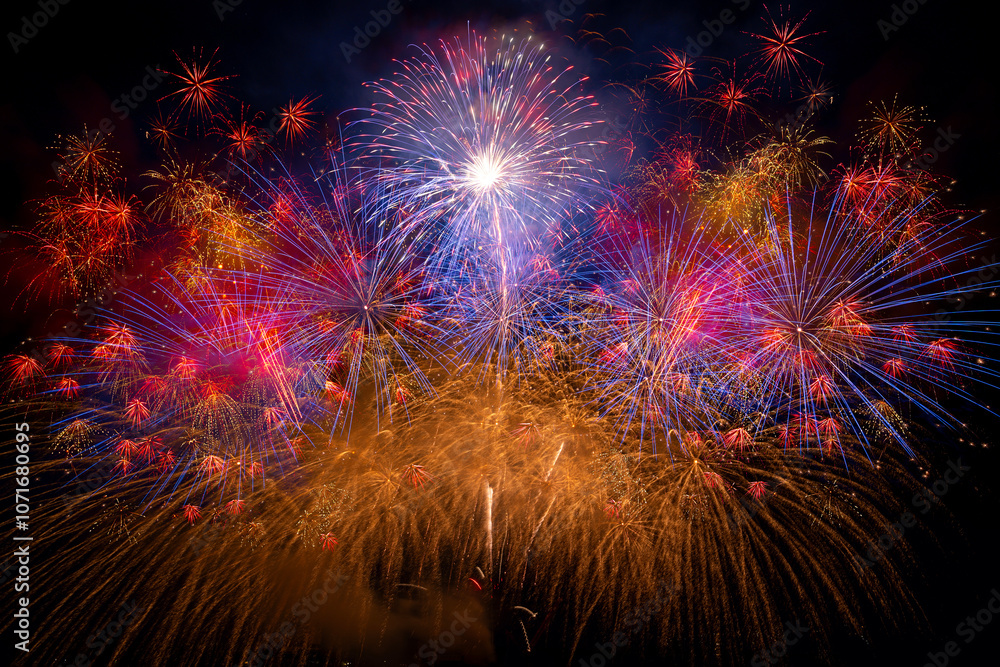 colourful firework display set for celebration happy new year and merry christmas and fireworks on black background