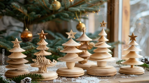 3D wooden Christmas tree with star decoration on a spiral spring base