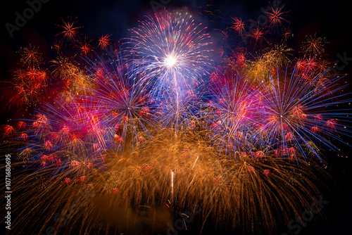 colourful firework display set for celebration happy new year and merry christmas and  fireworks on black background