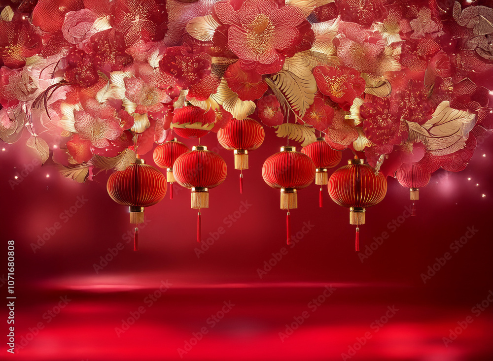 Obraz premium Red and gold lanterns hang from a ceiling of delicate red and gold flowers, against a bright red background with bokeh lights.
