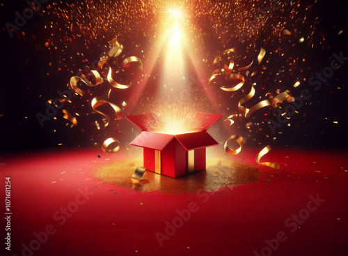 A red gift box with a golden ribbon is open, emitting a bright light and golden confetti.