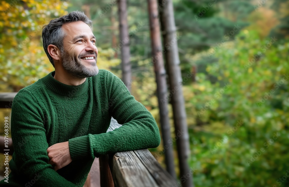 Smiling mature man in a green sweater enjoying a peaceful moment in a forest setting, surrounded by lush greenery, expressing tranquility and connection with nature. Smiling mature man in a green sweater enjoying a peaceful moment in a forest setting, surrounded by lush greenery, expressing tranquility and connection with nature.