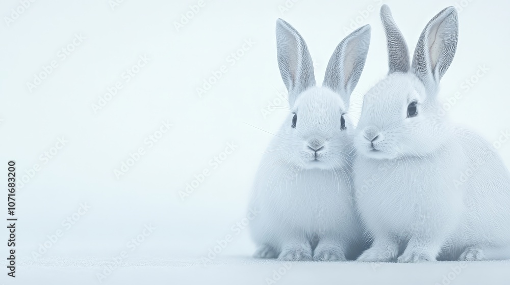 Obraz premium Gentle Rabbits Sitting Close on Plain White Backdrop