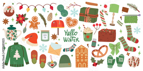 Christmas big set of elements with cookies, houses, presents, sweater, fur tree, wreaths. Stickers set. Hand drawn style isolate on white .