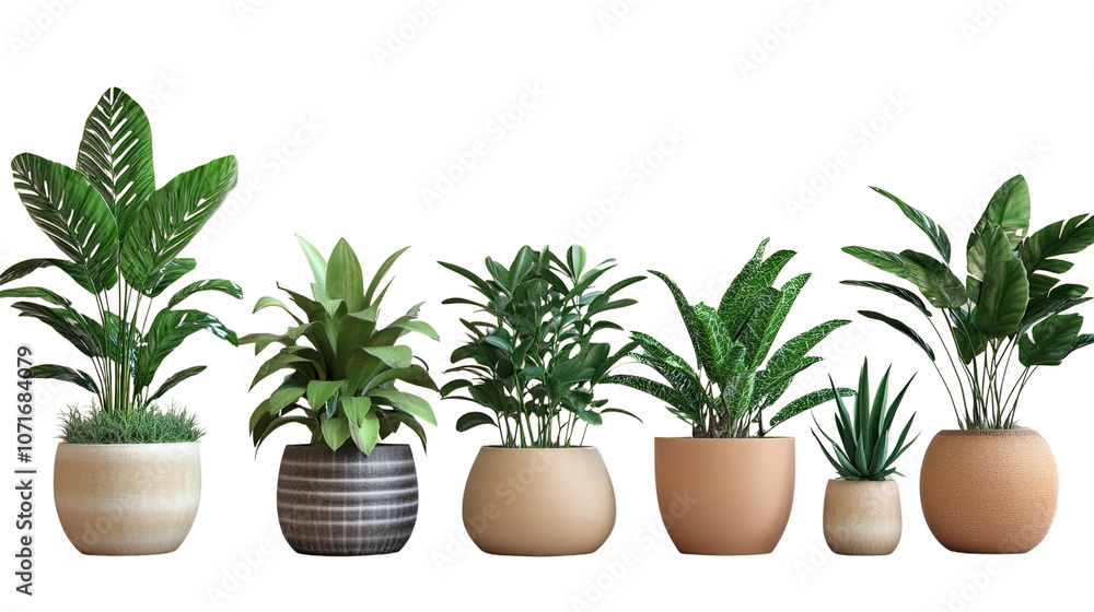 Fototapeta premium Indoor Plant Collection: A row of vibrant potted plants, each showcasing unique foliage and textures, brings a touch of nature indoors. A perfect visual for home decor, interior design.