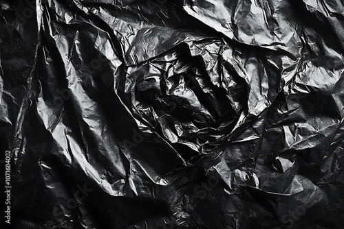 Abstract black plastic texture with crumpled and wrinkled surface. photo