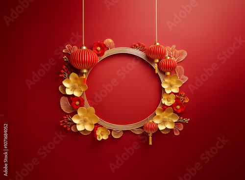 A circular wooden frame hangs against a red background, adorned with red lanterns, gold flowers, and traditional Chinese decorations. photo