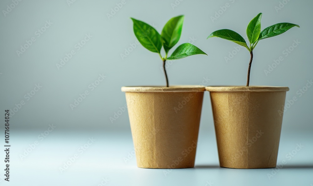 Obraz premium Two paper cups with green leaves symbolizing eco-friendly growth on a minimalistic background