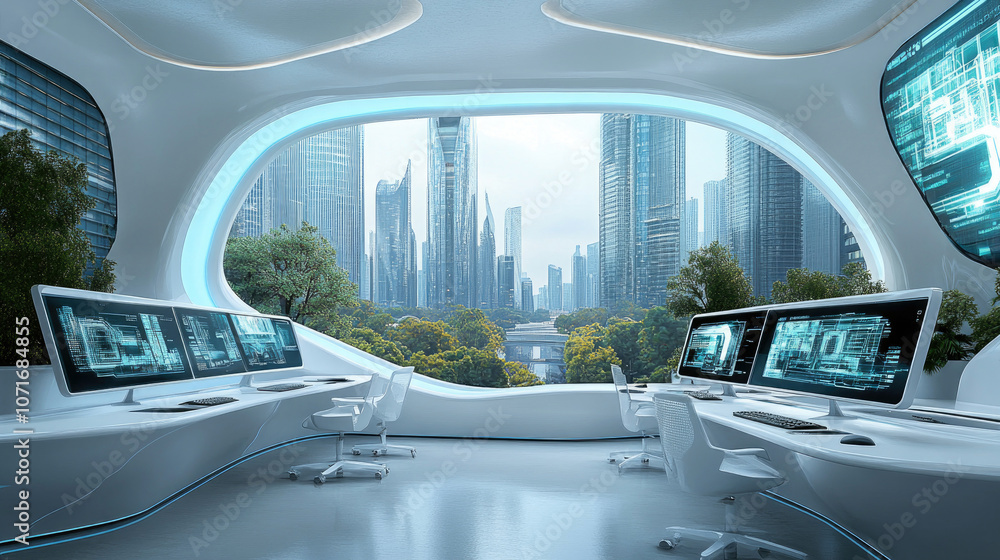 Obraz premium Modern futuristic office space featuring cutting edge technology