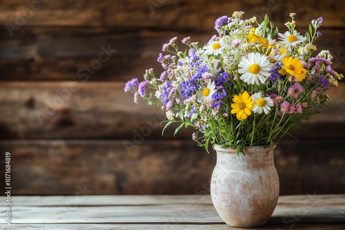 Wallpaper Mural Beautifully arranged bouquet of wildflowers in a rustic vase on a wooden table. Generative AI Torontodigital.ca