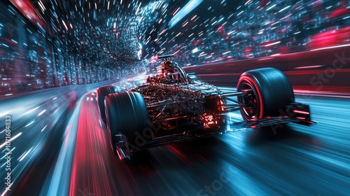 A futuristic Formula 1 race car speeds through a city at night, with a blur of lights and motion creating a dynamic and energetic image.