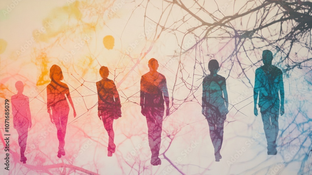 Naklejka premium Silhouettes of people linked together in a web, symbolizing connectivity on a soft pastel background