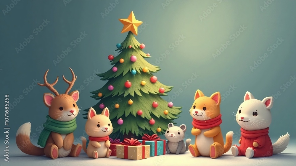 Whimsical digital scene with anthropomorphic animals and Christmas tree scene, scene-cozy and tree-decorated Whimsical digital scene with anthropomorphic animals and Christmas tree scene, scene-cozy and tree-decorated