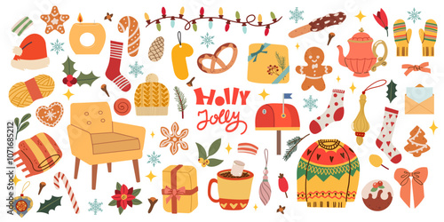 Christmas big set of elements with cookies, houses, presents, sweater, fur tree, wreaths. Stickers set. Hand drawn style isolate on white .