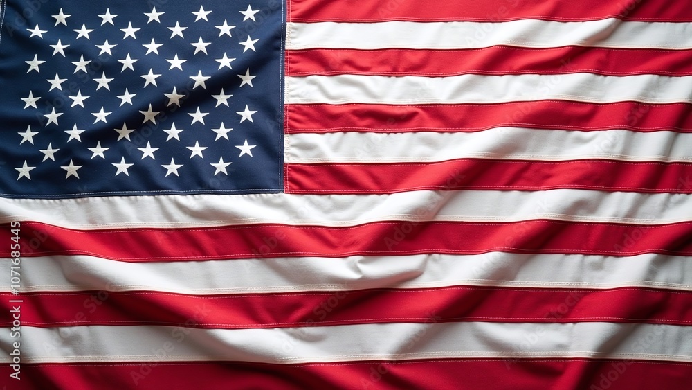 Fototapeta premium American flag with wrinkled fabric scene, patriotic and star-stitched