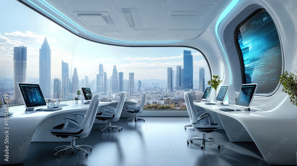 Fototapeta premium Modern futuristic office space featuring cutting edge technology