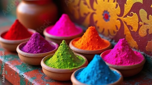 Vibrant scene showcasing colorful powders and golden leaf pattern scene, scene-intricate and containers-small