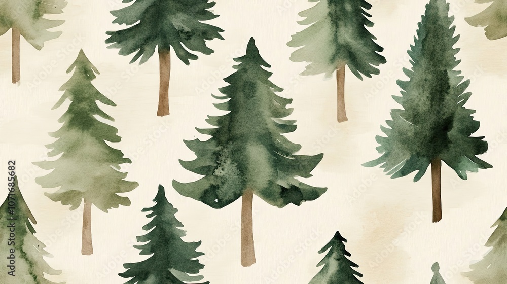 Obraz premium Watercolor Painting of a Seamless Pattern of Green Pine Trees