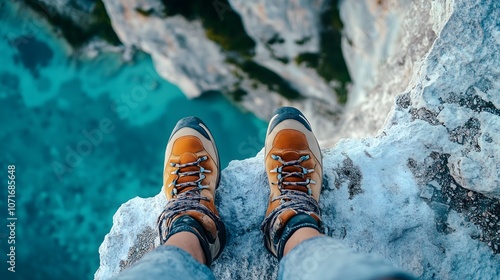 First-person view of hiking boots on cliff edge overlooking turquoise ocean water from dangerous mountain height, copy space