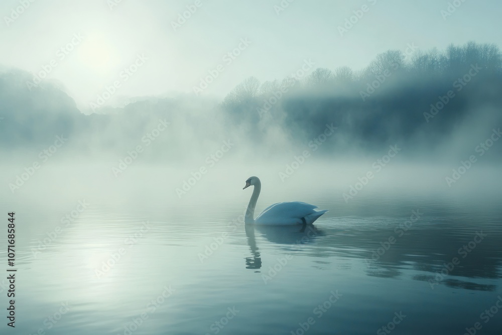 Obraz premium Serene Swan Gliding Through Misty Water