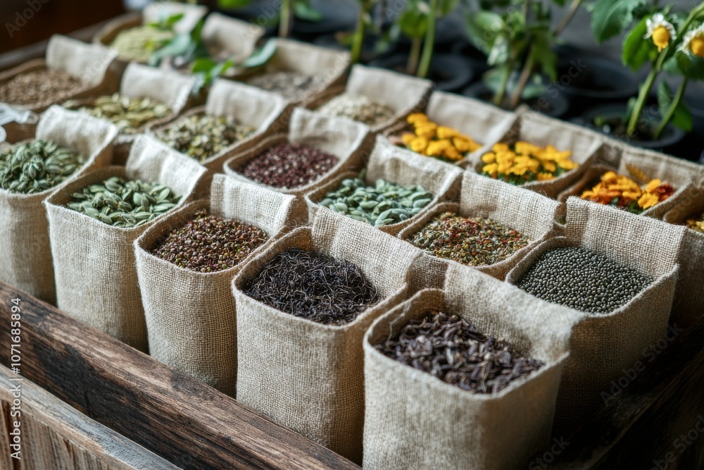 Fototapeta premium Variety of Spices in Natural Fabric Bags