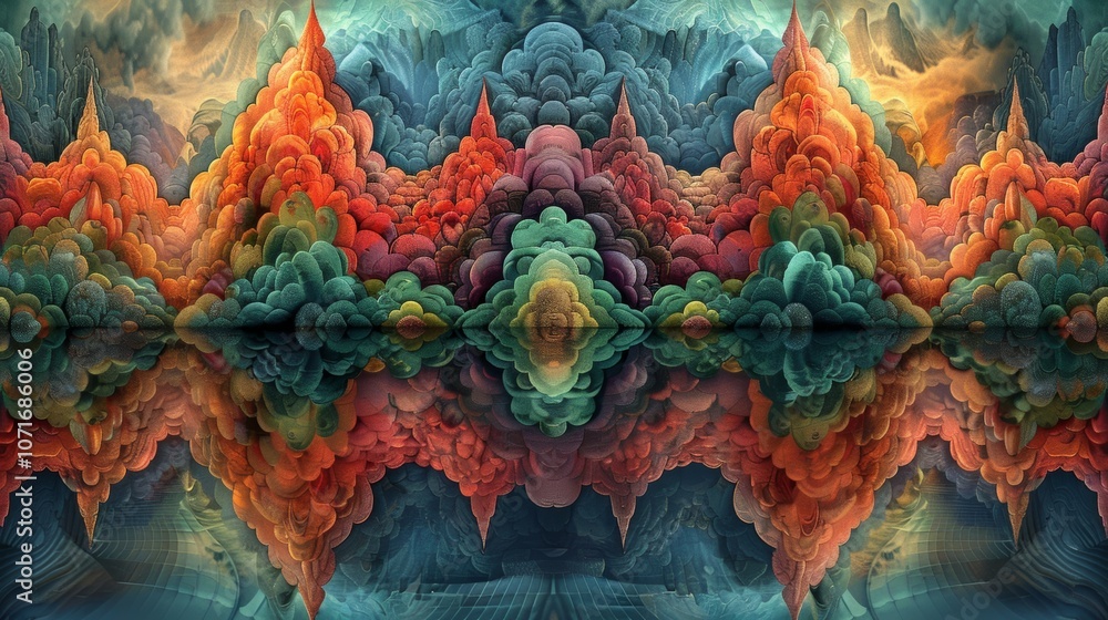 A vibrant landscape of swirling colors reflected in tranquil waters during a serene twilight, showcasing abstract formations that create an otherworldly atmosphere A vibrant landscape of swirling colors reflected in tranquil waters during a serene twilight, showcasing abstract formations that create an otherworldly atmosphere