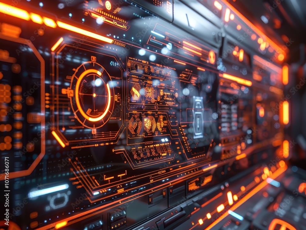 Obraz premium Futuristic interface displaying intricate circuitry and glowing elements for technology applications.