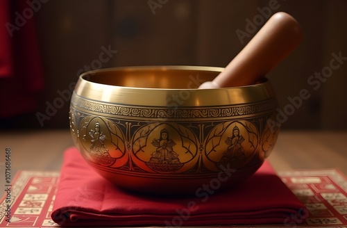 Tibetan singing bowl with stick close-up.