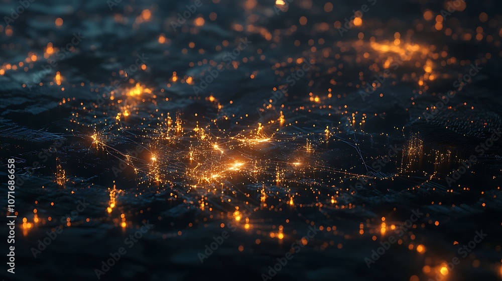 Futuristic AI illustration with glowing points linked by fine lines, creating a network of artificial intelligence on a dark background Futuristic AI illustration with glowing points linked by fine lines, creating a network of artificial intelligence on a dark background