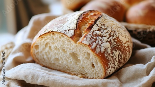 Freshly baked artisanal sourdough bread with crispy crust and dusting of flour on white linen cloth in macro detail, copy space