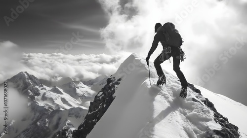 Mountain Climber Ascending Snow-Covered Summit Ridge with Ice Axe Against Dramatic Black and White Alpine Landscape, Copy Space photo