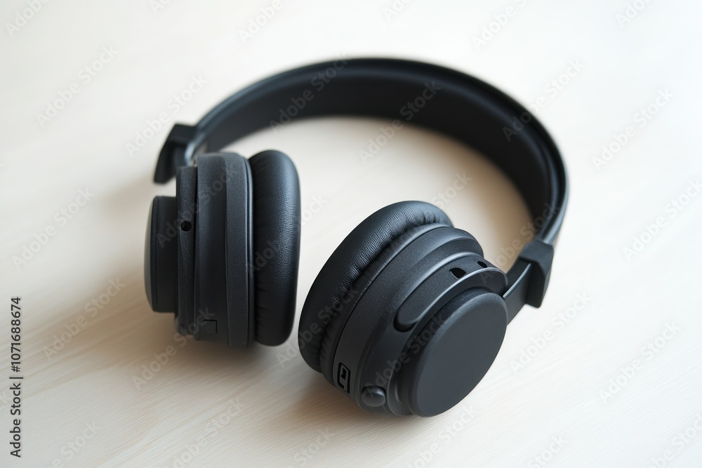 Stylish Black Wireless Headphones on Table Stylish Black Wireless Headphones on Table