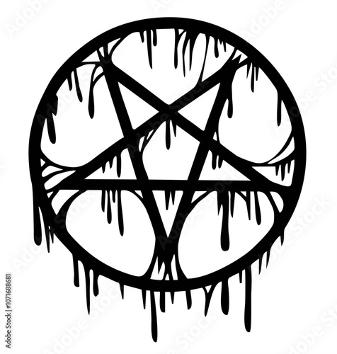 illustration of black inverted pentagram in circle. Inverted star, magic hell symbol. Hand drawn symbol. Black lines. Paint drips, grunge style. Evil