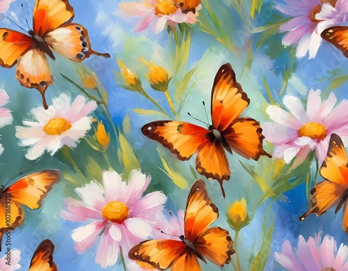 Colorful butterflies flutter gracefully above a vibrant array of wildflowers, creating a lively and cheerful atmosphere in a sunlit meadow. Generative AI