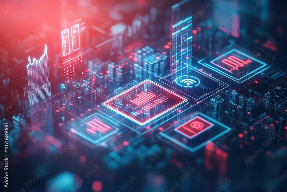 Obraz premium Floating loan icons and graphs above a cityscape, highdetail digital overlay, scifi tones, neon red and blue, futuristic financial illustration