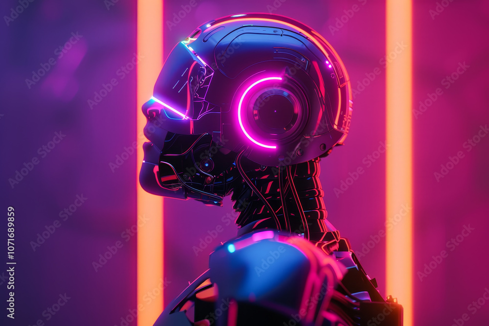 Fototapeta premium A robot with a glowing head and a glowing body