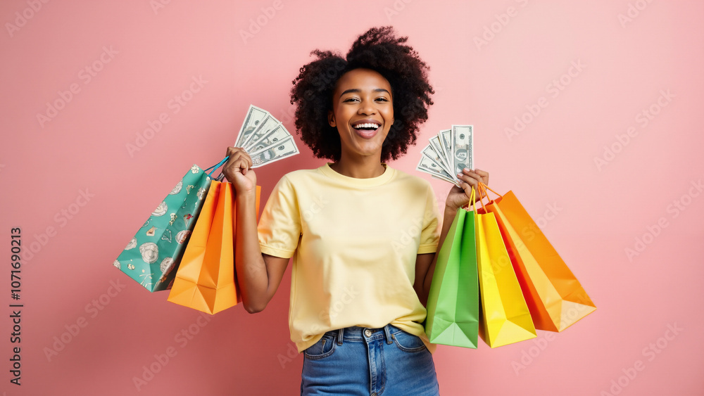 Joyful Woman with Shopping Bags and Cash: Perfect for Retail Promotions, Holiday Sales, and E-commerce Campaigns Joyful Woman with Shopping Bags and Cash: Perfect for Retail Promotions, Holiday Sales, and E-commerce Campaigns