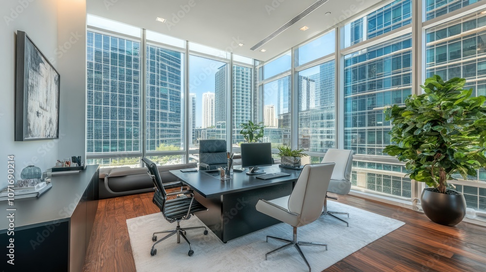 Fototapeta premium Contemporary home office with sleek furniture and large windows
