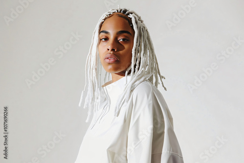 african american beauty with platinum white locs cascading over shoulders photo