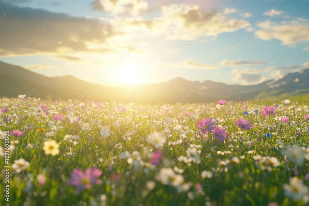 Fototapeta premium Sunrise Over Colorful Flower Meadow