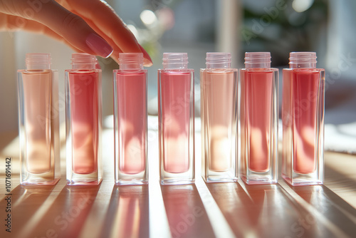 Elegant pink perfume bottles on a wooden surface, sunlit setting. photo