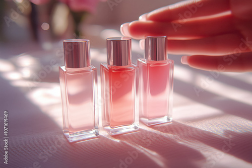 Elegant pink perfume bottles on a wooden surface, sunlit setting. photo