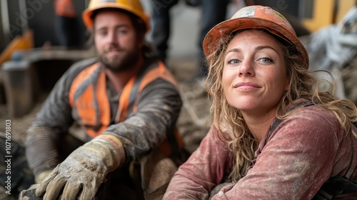 Two construction workers take a break from their laborious tasks; the female worker exudes confidence, shown through her relaxed yet assertive posture amid chaos. photo