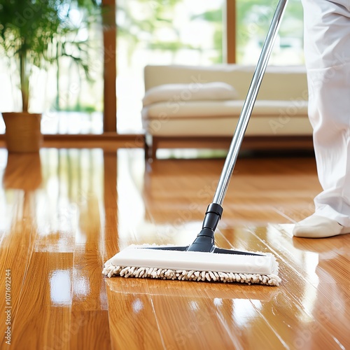 Wallpaper Mural A person cleaning a hardwood floor with a mop, showcasing a clean and tidy living space in natural light. Torontodigital.ca
