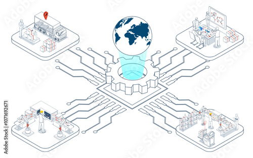 Global logistics network coordinates transportation, supply chain management (SCM), and operations across companies worldwide to deliver efficient logistics services. Vector illustration EPS 10