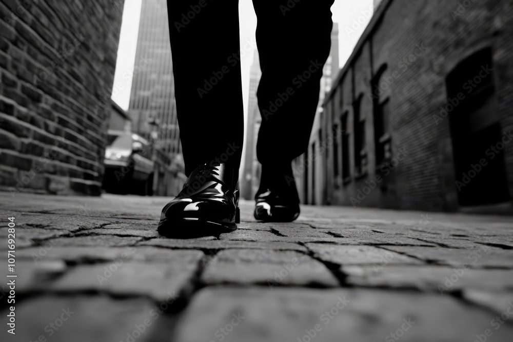 Fototapeta premium A person walking down a cobblestone street with their feet in black shoes